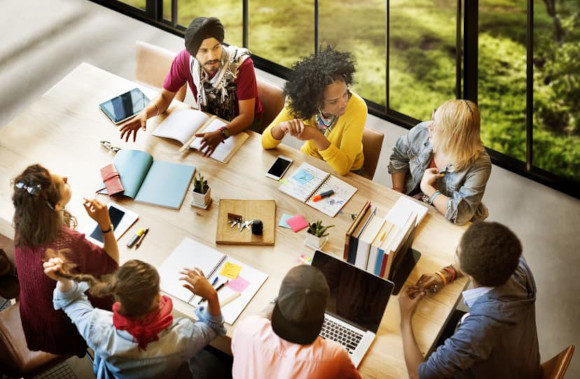 Team members at a meeting